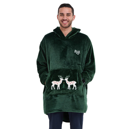 Snuggs Blanket Hoodie Dark Green Christmas Deer Pocket